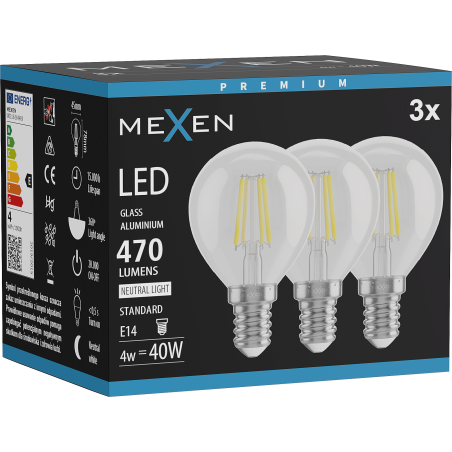 Mexen Vintis 3x LED-Filamentlampe E14, G45, 4W, Neutral - 4000K, 470 lm, klar - L156-E14-0427-00x03 - L156-E14-0440-00x03