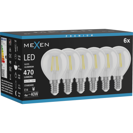 Mexen Vintis 6x LED-Filamentlampe E14, G45, 4W, Neutral - 4000K, 470 lm, klar - L156-E14-0427-00x06 - L156-E14-0440-00x06