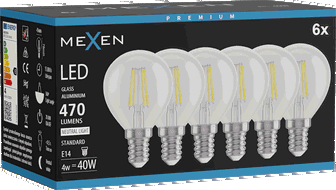 Mexen Vintis 6x LED-Filamentlampe E14, G45, 4W, Neutral - 4000K, 470 lm, klar - L156-E14-0427-00x06 - L156-E14-0440-00x06