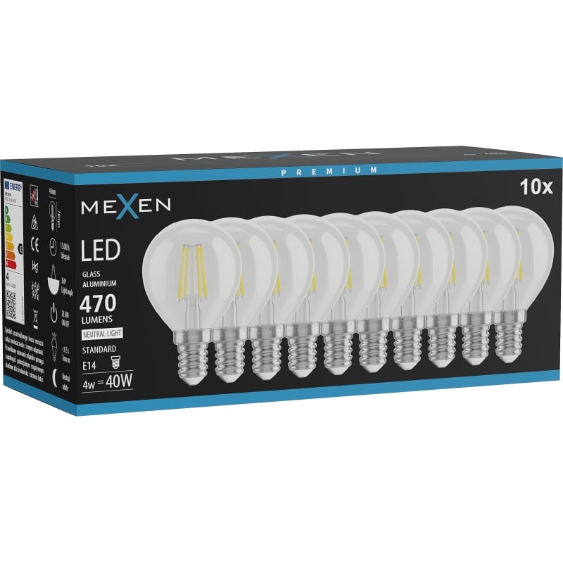 Mexen Vintis 10x LED-Filamentlampe E14, G45, 4W, Neutral - 4000K, 470 lm, klar - L156-E14-0427-00x10 - L156-E14-0440-00x10