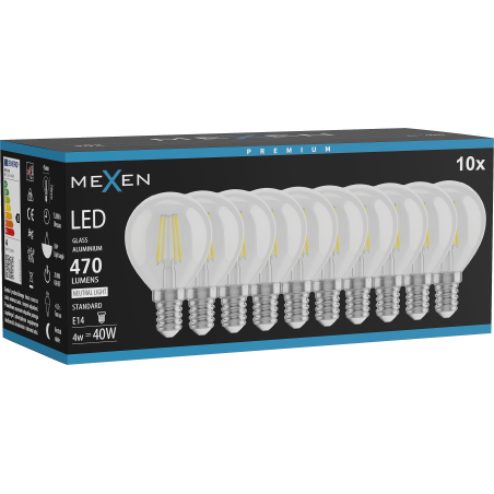 Mexen Vintis 10x LED-Filamentlampe E14, G45, 4W, Neutral - 4000K, 470 lm, klar - L156-E14-0427-00x10 - L156-E14-0440-00x10