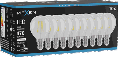 Mexen Vintis 10x LED-Filamentlampe E14, G45, 4W, Neutral - 4000K, 470 lm, klar - L156-E14-0427-00x10 - L156-E14-0440-00x10
