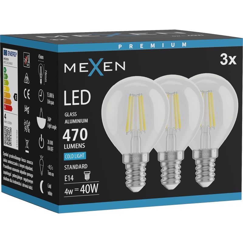 Mexen Vintis 3x LED-Filament-Glühbirne E14, G45, 4W, Kalt - 6500K, 470 lm, klar - L156-E14-0465-00x03