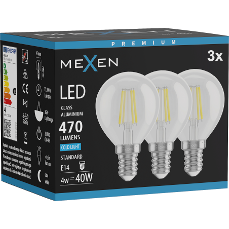 Mexen Vintis 3x LED-Filament-Glühbirne E14, G45, 4W, Kalt - 6500K, 470 lm, klar - L156-E14-0465-00x03