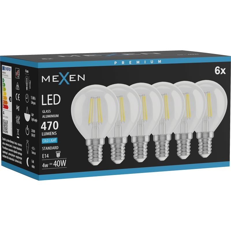 Mexen Vintis 6x LED-Filament-Glühbirne E14, G45, 4W, Kalt - 6500K, 470 lm, klar - L156-E14-0465-00x06
