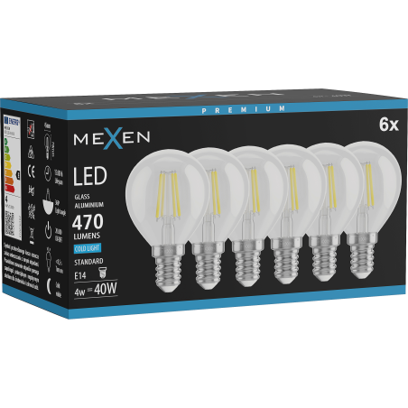 Mexen Vintis 6x LED-Filament-Glühbirne E14, G45, 4W, Kalt - 6500K, 470 lm, klar - L156-E14-0465-00x06