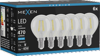 Mexen Vintis 6x LED-Filament-Glühbirne E14, G45, 4W, Kalt - 6500K, 470 lm, klar - L156-E14-0465-00x06