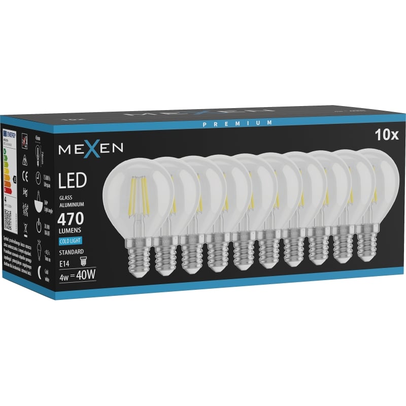 Mexen Vintis 10x LED-Filamentlampe E14, G45, 4W, Kalt - 6500K, 470 lm, klar - L156-E14-0465-00x10