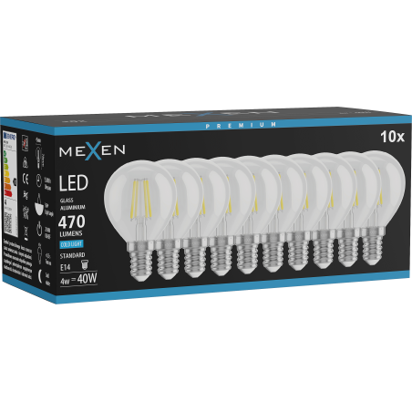 Mexen Vintis 10x LED-Filamentlampe E14, G45, 4W, Kalt - 6500K, 470 lm, klar - L156-E14-0465-00x10