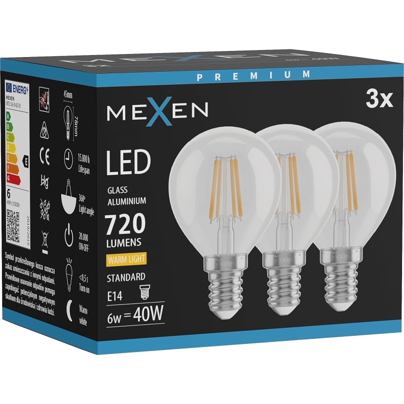 Mexen Vintis 3x LED-Filamentlampe E14, G45, 6W, Warm - 2700K, 720 lm, klar - L156-E14-0627-00x03