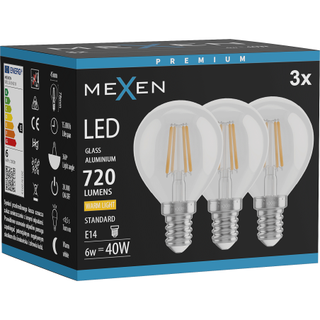 Mexen Vintis 3x LED-Filamentlampe E14, G45, 6W, Warm - 2700K, 720 lm, klar - L156-E14-0627-00x03