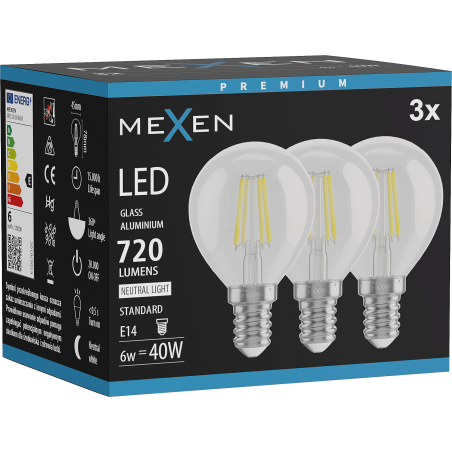 Mexen Vintis 3x LED-Filamentlampe E14, G45, 6W, Neutral - 4000K, 720 lm, klar - L156-E14-0640-00x03