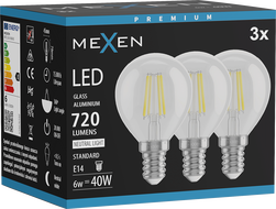 Mexen Vintis 3x LED-Filamentlampe E14, G45, 6W, Neutral - 4000K, 720 lm, klar - L156-E14-0640-00x03