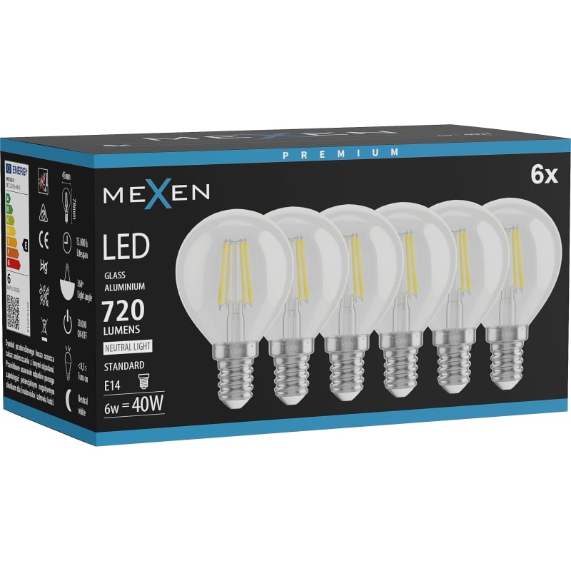 Mexen Vintis 6x LED-Filament-Glühbirne E14, G45, 6W, Neutral - 4000K, 720 lm, klar - L156-E14-0640-00x06