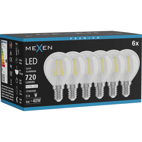 Mexen Vintis 6x LED-Filament-Glühbirne E14, G45, 6W, Neutral - 4000K, 720 lm, klar - L156-E14-0640-00x06
