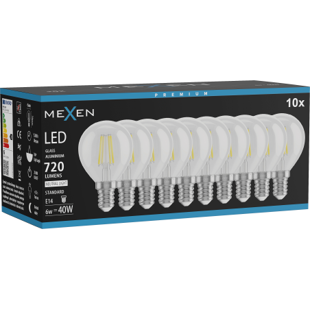 Mexen Vintis 10x LED-Filamentlampe E14, G45, 6W, Neutral - 4000K, 720 lm, klar - L156-E14-0640-00x10