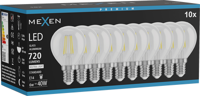Mexen Vintis 10x LED-Filamentlampe E14, G45, 6W, Neutral - 4000K, 720 lm, klar - L156-E14-0640-00x10
