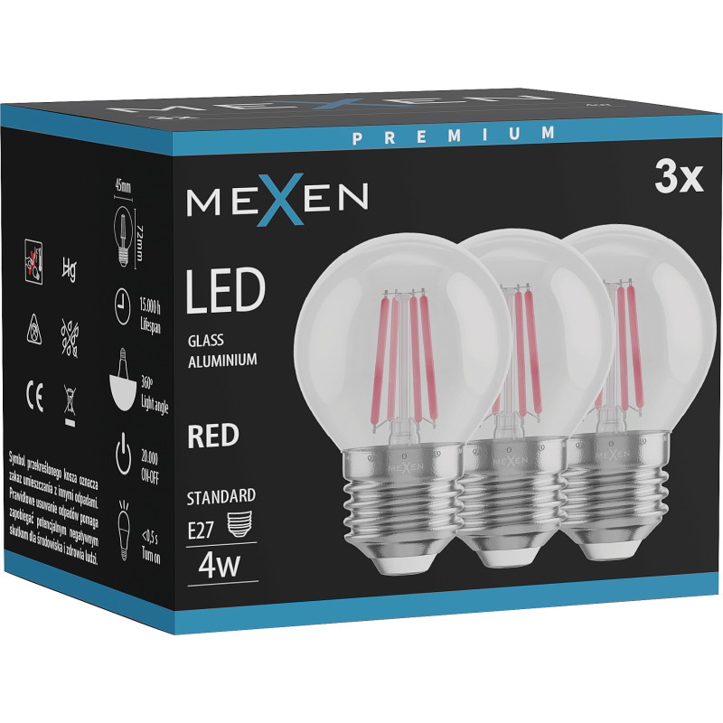 Mexen Vintis 3x LED-Filament Glühbirne E27, G45, 4W, 55 lm, rot - L156-E27-04XX-45x03