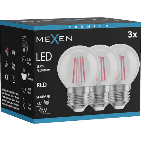 Mexen Vintis 3x LED-Filament Glühbirne E27, G45, 4W, 55 lm, rot - L156-E27-04XX-45x03