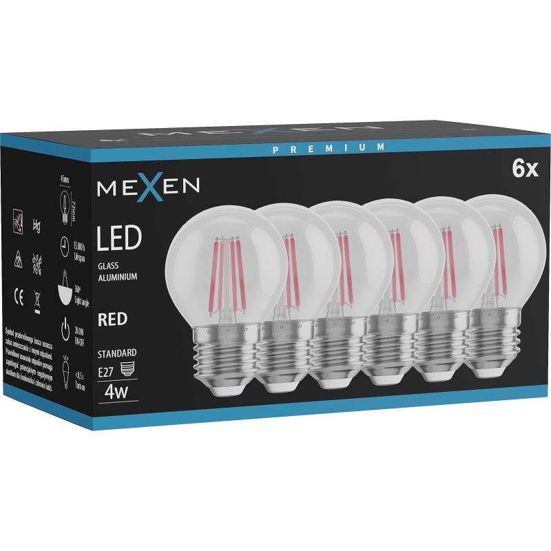 Mexen Vintis 6x LED-Filament-Glühbirne E27, G45, 4W, 55 lm, rot - L156-E27-04XX-45x06