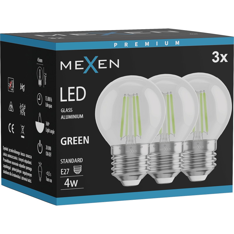 Mexen Vintis 3x Filament-LED-Glühbirne E27, G45, 4W, 55 lm, grün - L156-E27-04XX-46x03