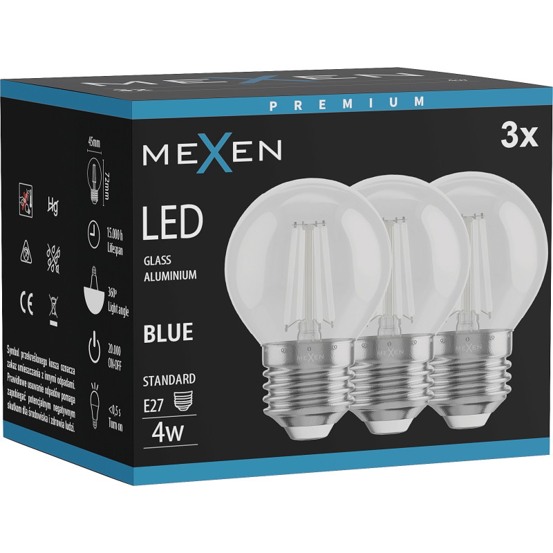 Mexen Vintis 3x LED-Filamentlampe E27, G45, 4W, 55 lm, blau - L156-E27-04XX-47x03