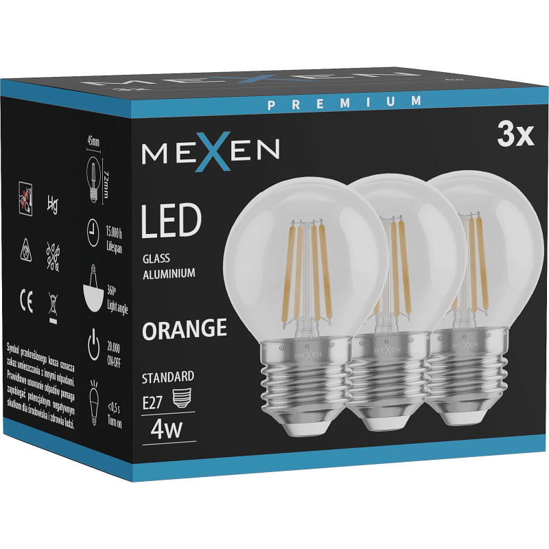 Mexen Vintis 3x LED-Filament-Glühbirne E27, G45, 4W, 55 lm, orange - L156-E27-04XX-48x03