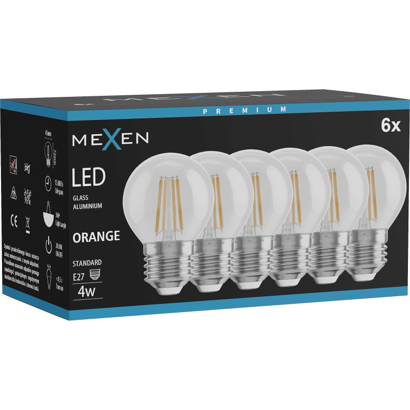 Mexen Vintis 6x LED-Filament-Glühbirne E27, G45, 4W, 55 lm, orange - L156-E27-04XX-48x06