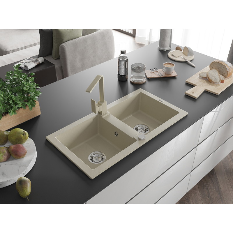 Mexen Mario granitspüle 2-kammerig mit Küchenarmatur Rita, beige - 6504-69-670300-69