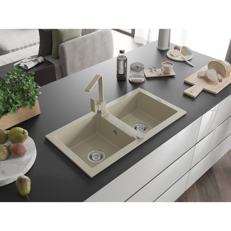 Mexen Mario Granitspüle 2-Kammern mit Küchenarmatur Rita, beige - 6504-69-670300-69