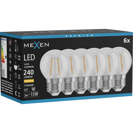 Mexen Vintis 6x LED-Filament-Glühbirne E27, G45, 2W, Warm - 2700K, 240 lm, klar - L156-E27-0227-00x06