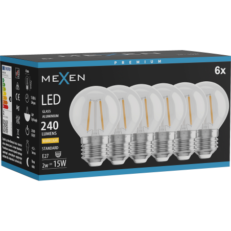 Mexen Vintis 6x LED-Filament-Lampe E27, G45, 2W, Warm - 2700K, 240 lm, klar - L156-E14-0227-00x06 - L156-E27-0227-00x06