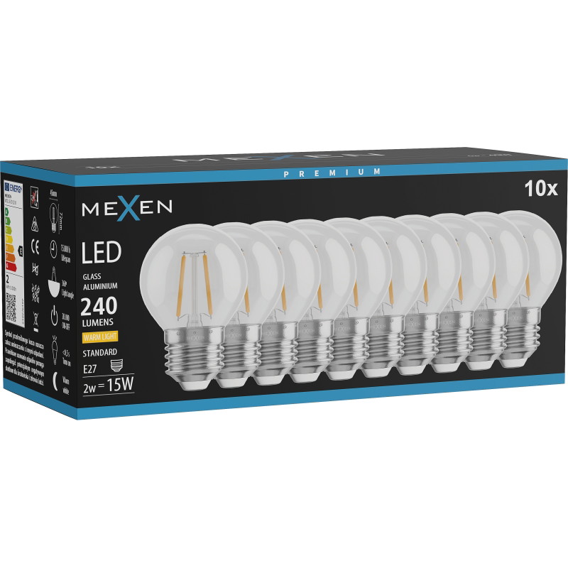 Mexen Vintis 10x LED-Filamentlampe E27, G45, 2W, Warm - 2700K, 240 lm, klar - L156-E14-0227-00x10 - L156-E27-0227-00x10