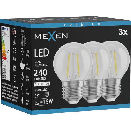 Mexen Vintis 3x Filament LED-Glühbirne E27, G45, 2W, Neutral - 4000K, 240 lm, klar - L156-E14-0227-00x03 - L156-E27-0240-00x03