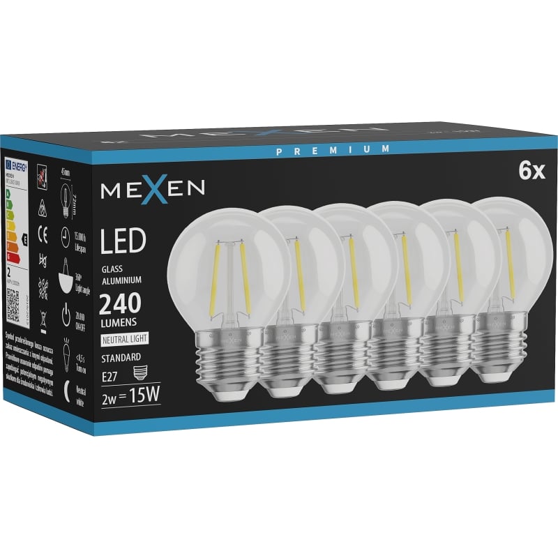 Mexen Vintis 6x LED-Filament-Glühbirne E27, G45, 2W, Neutral - 4000K, 240 lm, klar - L156-E14-0227-00x06 - L156-E27-0240-00x06