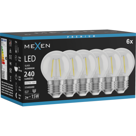 Mexen Vintis 6x LED-Filament-Glühbirne E27, G45, 2W, Neutral - 4000K, 240 lm, klar - L156-E14-0227-00x06 - L156-E27-0240-00x06