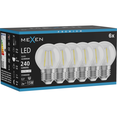 Mexen Vintis 6x LED-Filament-Glühbirne E27, G45, 2W, Neutral - 4000K, 240 lm, klar - L156-E27-0227-00x06 - L156-E27-0240-00x06