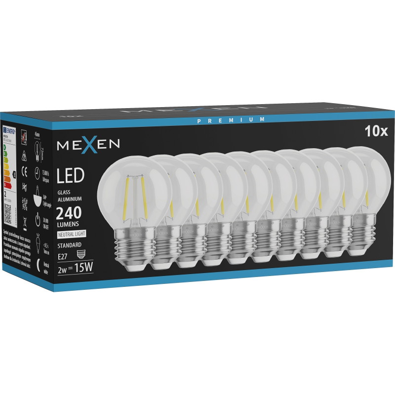 Mexen Vintis 10x LED-Filament-Glühbirne E27, G45, 2W, Neutral - 4000K, 240 lm, klar - L156-E14-0227-00x10 - L156-E27-0240-00x10