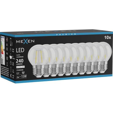 Mexen Vintis 10x LED-Filament-Glühbirne E27, G45, 2W, Neutral - 4000K, 240 lm, klar - L156-E14-0227-00x10 - L156-E27-0240-00x10