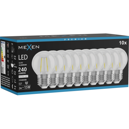 Mexen Vintis 10x LED-Filament-Glühbirne E27, G45, 2W, Neutral - 4000K, 240 lm, klar - L156-E27-0227-00x10 - L156-E27-0240-00x10