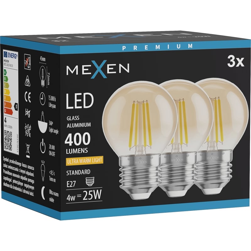Mexen Vintis 3x LED-Filamentlampe E27, G45, 4W, Warm - 2200K, 400 lm, Amber - L156-E27-0422-50x03