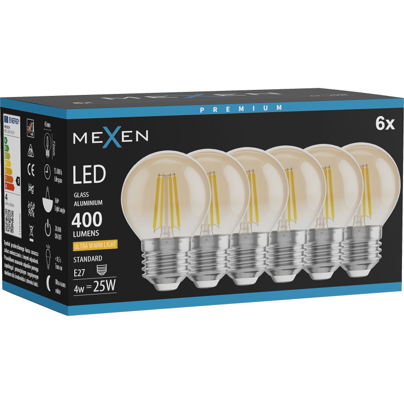Mexen Vintis 6x LED-Filament-Glühbirne E27, G45, 4W, Warm - 2200K, 400 lm, amber - L156-E27-0422-50x06