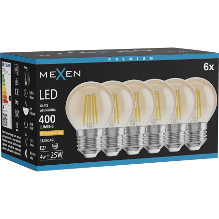 Mexen Vintis 6x LED-Filament-Glühbirne E27, G45, 4W, Warm - 2200K, 400 lm, amber - L156-E27-0422-50x06