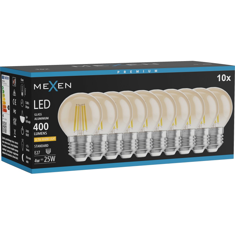 Mexen Vintis 10x LED-Filament-Glühbirne E27, G45, 4W, Warm - 2200K, 400 lm, amber - L156-E27-0422-50x10