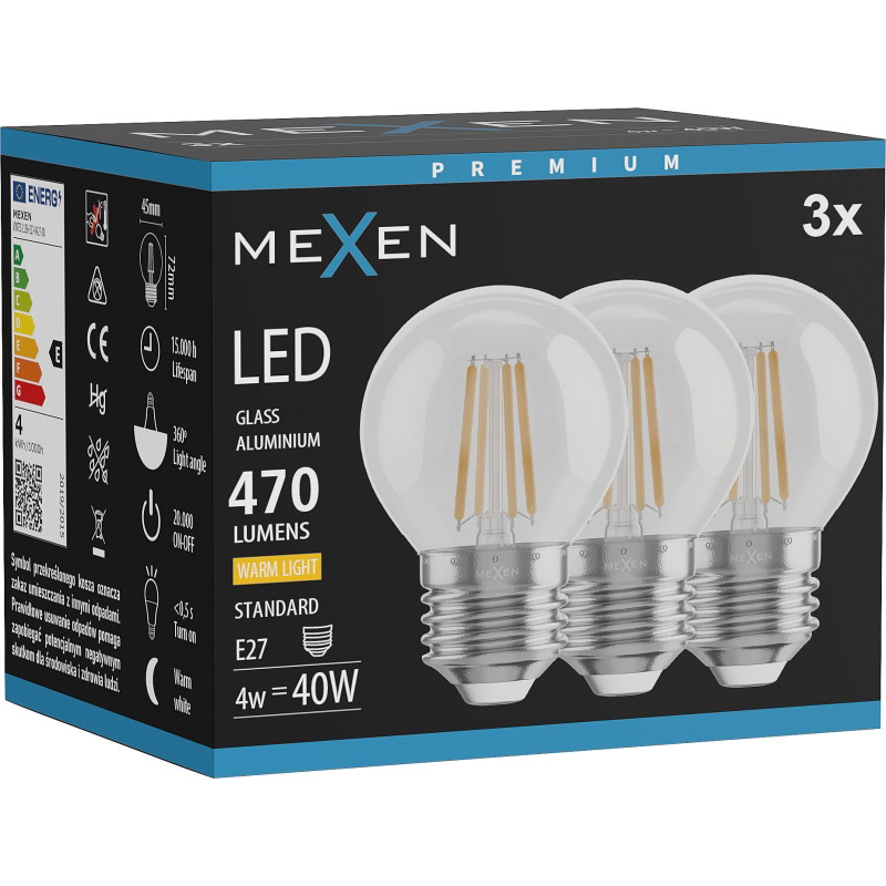 Mexen Vintis 3x LED-Filament-Glühbirne E27, G45, 4W, Warm - 2700K, 470 lm, klar - L156-E27-0427-00x03