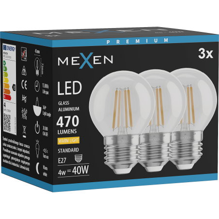 Mexen Vintis 3x LED-Filament-Glühbirne E27, G45, 4W, Warm - 2700K, 470 lm, klar - L156-E27-0427-00x03
