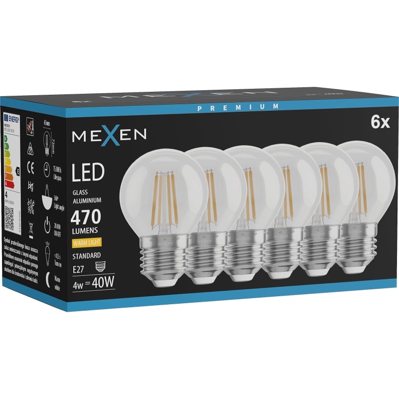 Mexen Vintis 6x LED-Filament-Glühbirne E27, G45, 4W, Warm - 2700K, 470 lm, klar - L156-E27-0427-00x06