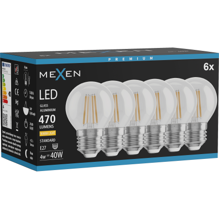 Mexen Vintis 6x LED-Filament-Glühbirne E27, G45, 4W, Warm - 2700K, 470 lm, klar - L156-E27-0427-00x06