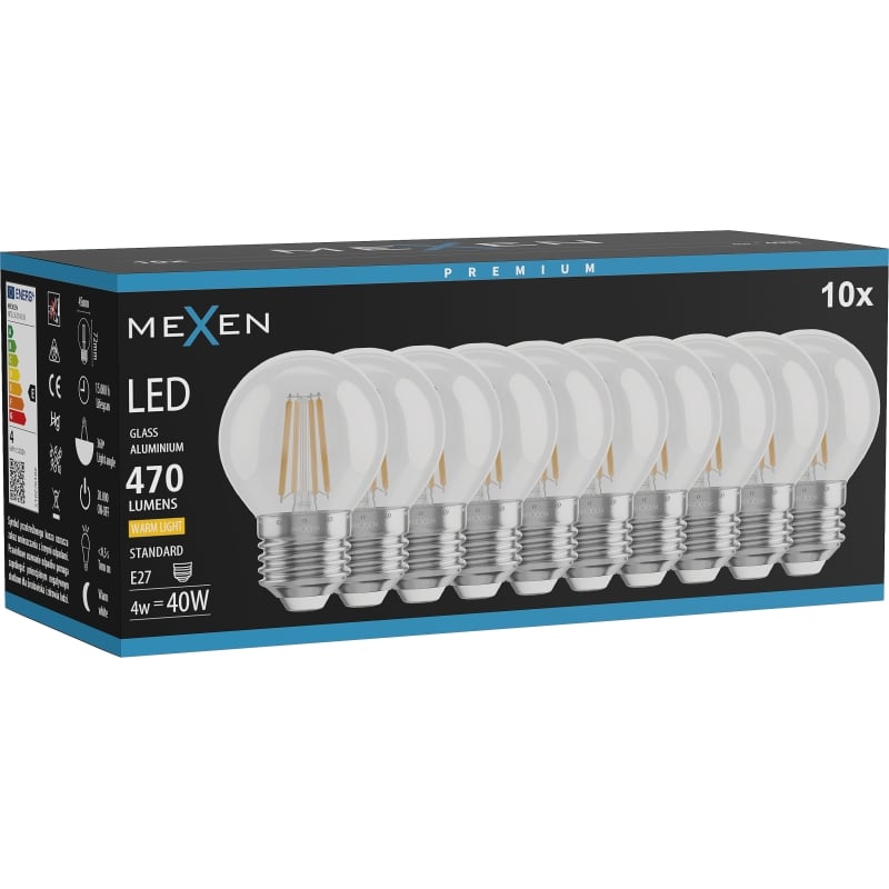 Mexen Vintis 10x LED-Filament-Glühbirne E27, G45, 4W, Warmweiß - 2700K, 470 lm, klar - L156-E27-0427-00x10