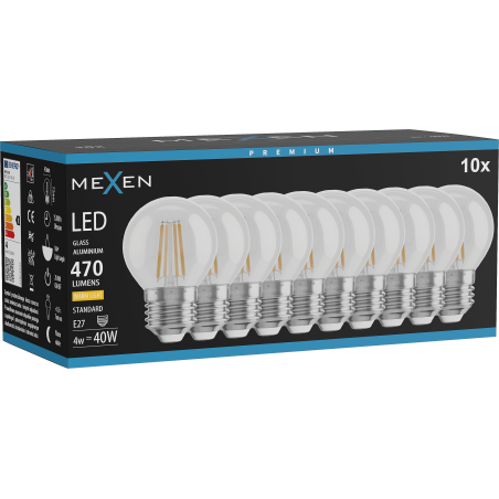 Mexen Vintis 10x LED-Filament-Glühbirne E27, G45, 4W, Warmweiß - 2700K, 470 lm, klar - L156-E27-0427-00x10